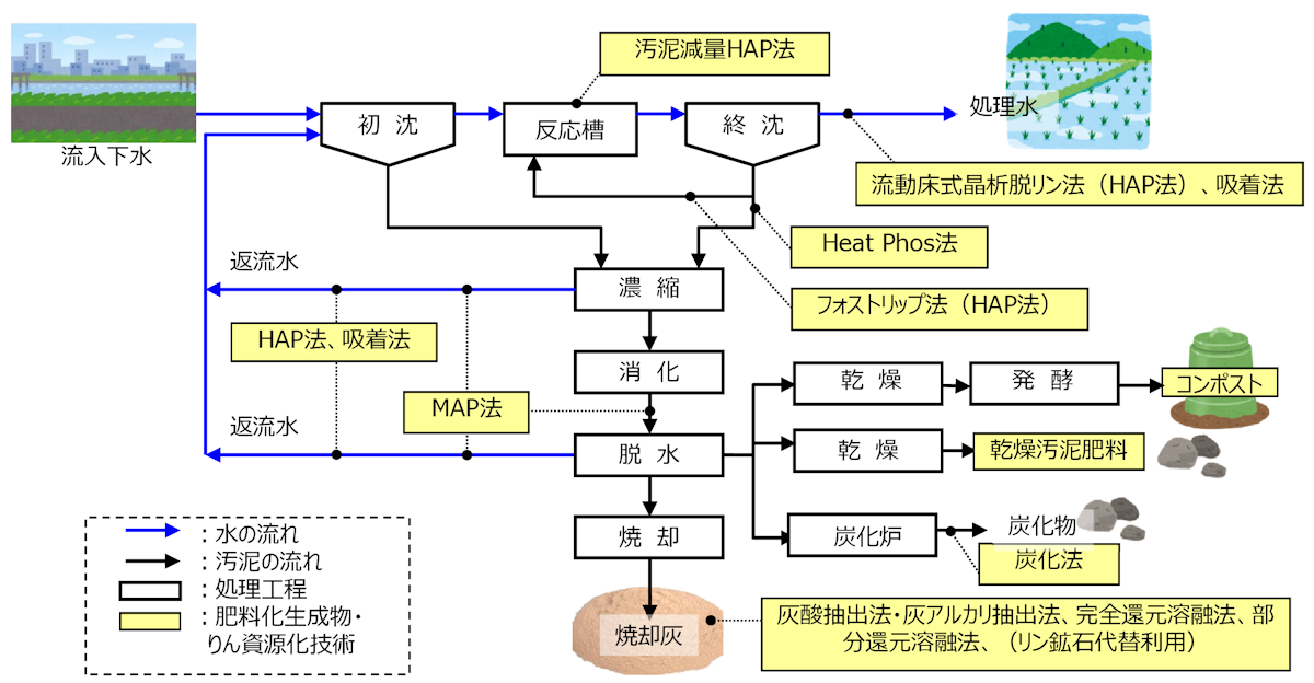日本のりん資源化実施状況と下水汚泥中のりん分布量